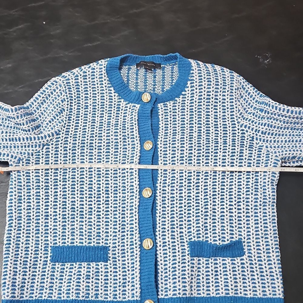 Ann Taylor Textured Knit Cardigan Tank Set Blue White Gold Button Lady Jacket M - Picture 12 of 16